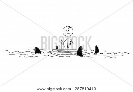 Cartoon Stick Figure Drawing Conceptual Illustration Of Lonely Man Or Castaway Sitting Lost And Alon