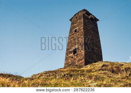 Single Svan Tower Standing On A Hill, View From Bottom