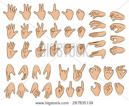 Cartoon Graphic White Human Hands. Showing Different Gesture Or Sign. Rock And Roll, Okay, Forefinge