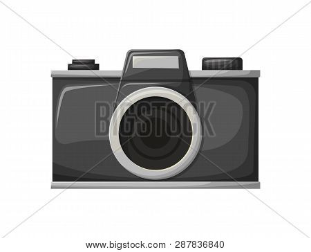 Film Camera, Old-fashioned Style Of Shooting Equipment, Black Retro Object With Lens On White. Gloss