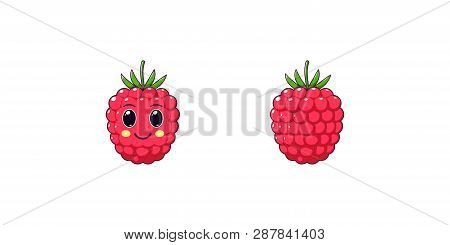 Cute Kawaii Raspberry, Cartoon Ripe Fruit. Vector Illustration Of Cartoon Sweet Raspberry With Kind 