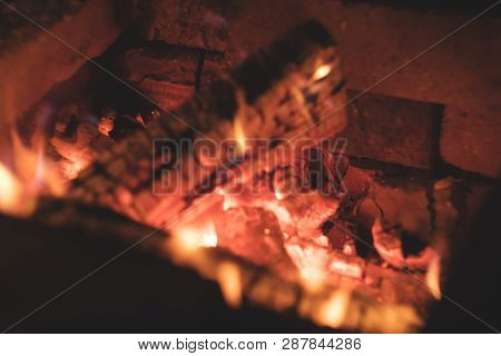 Vintage Look Coals And Fire. Blured Background Of Fire. Burning Coals