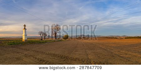 Small Chapel At Sunset. Sunset In Central Bohemian Upland, Czech Republic.