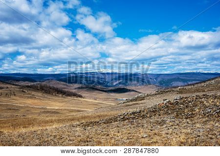 Wide Steppe With Yellow Grass Under A Blue Sky With White Clouds Tazheran Steppe, Siberia Russia