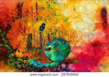 Shamanic Girl With Frame Drum On Abstract Structured Background.