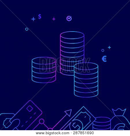 Stack Of Coins Vector Line Illustration. Money Related Gradient Icon, Symbol, Pictogram, Sign. Dark 