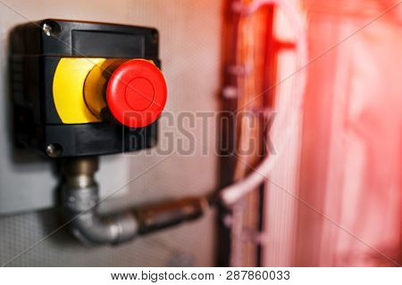 Big Red Emergency Button Or Stop Button For Manual Pressing. Stop Button For Industrial Equipment, E