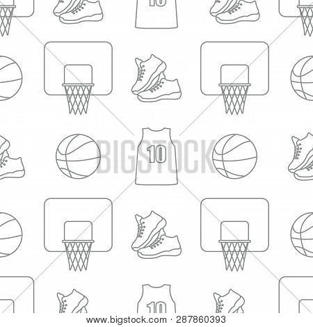 Seamless Pattern With Basketball Basket, Ball, Sneakers, Shirt. Sports Background. Basketball Equipm