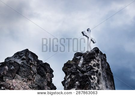 White Cross On Stone Ruins With Dramatic Blue Sky In Hermano Pedro, Antigua, Guatemala