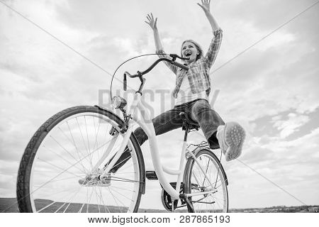 Freedom And Delight. Woman Feels Free While Enjoy Cycling. Most Satisfying Form Of Self Transportati