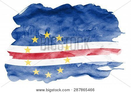 Cabo Verde Flag  Is Depicted In Liquid Watercolor Style Isolated On White Background