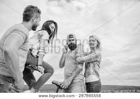 Cycling Modernity And National Culture. Group Friends Hang Out With Bicycle. Company Stylish Young P