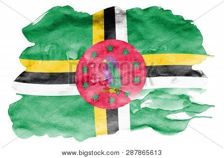 Dominica Flag  Is Depicted In Liquid Watercolor Style Isolated On White Background