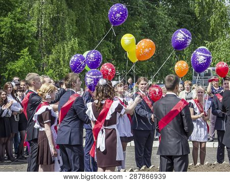 Russia, Bor, May 2016 . Graduates Of Schools At The Festive Procession.
