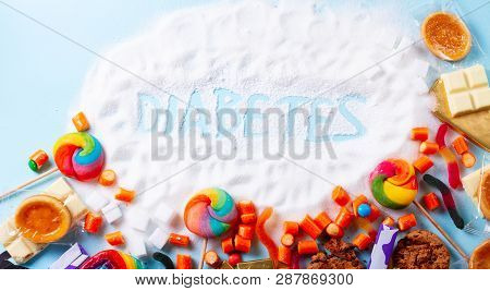 Sweets With Sugar, Flat Lay Frame Banner On Blue With Word Diabetes