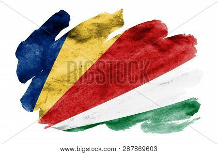 Seychelles Flag  Is Depicted In Liquid Watercolor Style Isolated On White Background