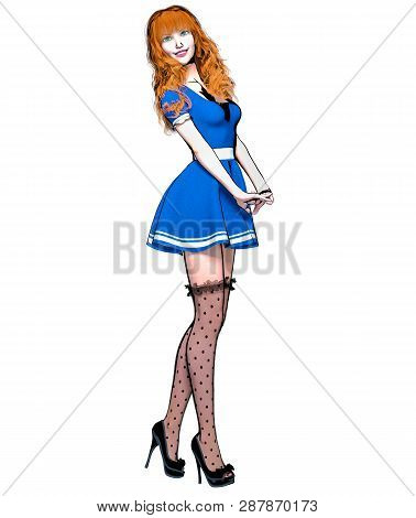 Sexy Anime 3d Doll Japanese Anime Girl Big Green Eyes.short Blue Dress Dark Stockings.cartoon, Comic