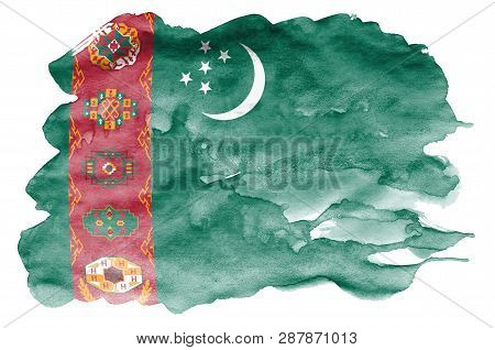 Turkmenistan Flag  Is Depicted In Liquid Watercolor Style Isolated On White Background