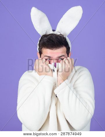 Easter Bunny. White Bunny Symbol Of Easter Holiday. Soft And Tender. Guy With Long Bunny Or Rabbit E