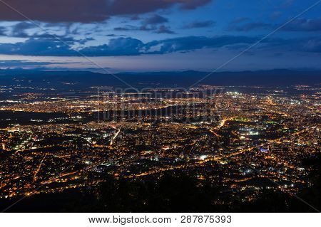 View To The Sofia City At Dusk. View From The Kopitoto Hill, Vitosha Mountain, Bulgaria.