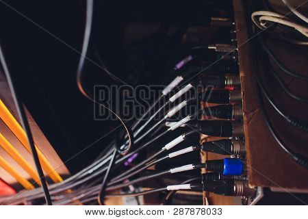 Audio Jack Cable Connected At Rear End Of Mixer At Broadcasting, Shallow Depth Of Field.
