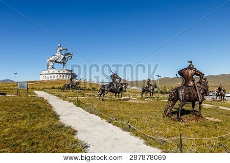 Tsonjin Boldog, Mongolia - September 14, 2018: The Giant Genghis Khan Equestrian Statue Is Part Of T
