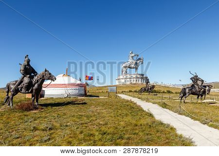 Tsonjin Boldog, Mongolia - September 14, 2018: Genghis Khan Statue Complex Near Tsonjin Boldog. Mong