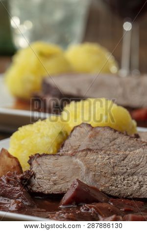 Closeup Of Bavarian Roasted Beef With Dumplings