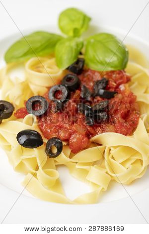 Overview Of Italian Tagliatella Pasta With Tomato Sauce
