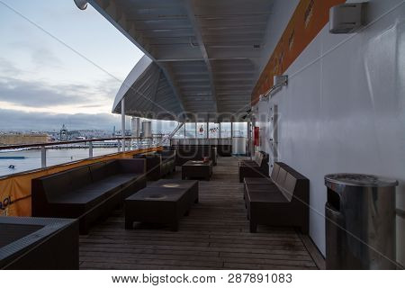 Editorial 12.17.2018 Stockholm Sweden, View The Empty Outside Lounge At The Car Ferry Silja Symphony