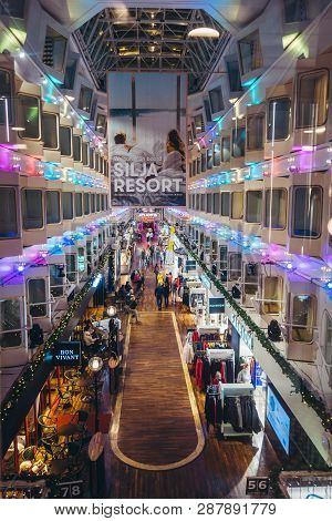 Editorial 12.16.2018 Ms Silja Symphony, The Promenade Deck Of The Big Car Ferry With Cabin Windows, 