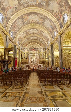 Valletta, Malta - Jun 19 2018: Interiour Of The Beautiful Catholic Church Saint John In Valletta. Va