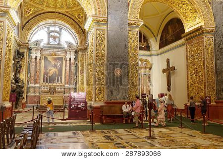 Valletta, Malta - Jun 19 2018: Interiour Of The Beautiful Catholic Church Saint John In Valletta. Va