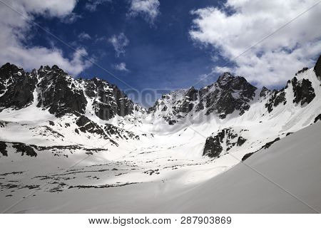 Snowy Sunlight Mountains And Blue Sky With Clouds In Sunny Spring Day. Turkey, Kachkar Mountains, Hi
