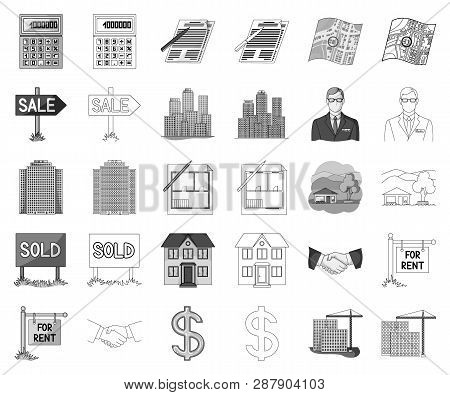 Realtor, Agency Monochrome, Outline Icons In Set Collection For Design. Buying And Selling Real Esta