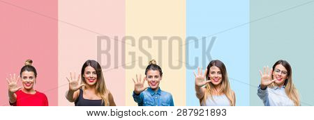 Collage of young beautiful woman over colorful stripes isolated background showing and pointing up with fingers number five while smiling confident and happy.