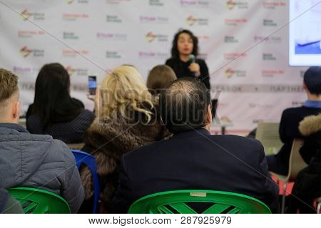 Moscow, Russia - March, 2, 2019: image of people sitting at a conference