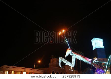 2/25/2019 Las Vegas, Nevada: Fire Breathing Music Playing Dancing Praying Mantis Sculpture on Freemont Street in Las Vegas Nevada. 