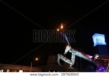 2/25/2019 Las Vegas, Nevada: Fire Breathing Music Playing Dancing Praying Mantis Sculpture on Freemont Street in Las Vegas Nevada. 