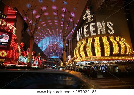 2/25/2019 Las Vegas, Nevada: Freemont Street Experience, including Neon Signs, Casinos, Zip Lines, Gambling, Slot Machines, Card Games, Tourist, Entertainers, and more. Las Vegas Nevada Night Life. 