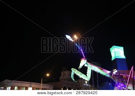 2/25/2019 Las Vegas, Nevada: Fire Breathing Music Playing Dancing Praying Mantis Sculpture on Freemont Street in Las Vegas Nevada. 
