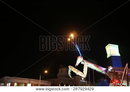 2/25/2019 Las Vegas, Nevada: Fire Breathing Music Playing Dancing Praying Mantis Sculpture on Freemont Street in Las Vegas Nevada. 
