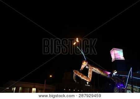 2/25/2019 Las Vegas, Nevada: Fire Breathing Music Playing Dancing Praying Mantis Sculpture on Freemont Street in Las Vegas Nevada. 

