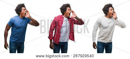 Collage of african american young handsome man over isolated background shouting and screaming loud to side with hand on mouth. Communication concept.