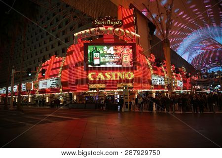 2/25/2019 Las Vegas, Nevada: Freemont Street Experience, including Neon Signs, Casinos, Zip Lines, Gambling, Slot Machines, Card Games, Tourist, Entertainers, and more. Las Vegas Nevada Night Life. 

