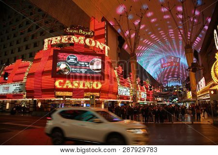 2/25/2019 Las Vegas, Nevada: Freemont Street Experience, including Neon Signs, Casinos, Zip Lines, Gambling, Slot Machines, Card Games, Tourist, Entertainers, and more. Las Vegas Nevada Night Life. 

