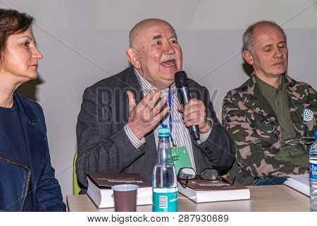 Vilnius, Lithuania - February 21, 2019: The International Vilnius Book Fair. Conductor D.katkus (in 
