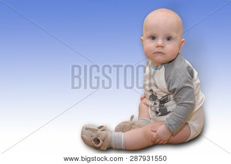Beautiful Cute Happy Caucasian Baby Infant Sitting Or Crowling,  Isolated