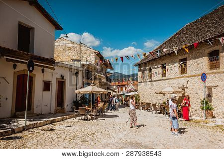 Pano Lefkara, Cyprus - May10, 2016: Tourists Walks Through A Village.