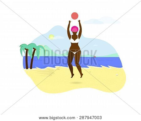 Young Beautiful African Girl Playing With Ball On Beach. Afro Woman In White Swimsuit Bikini Jumping